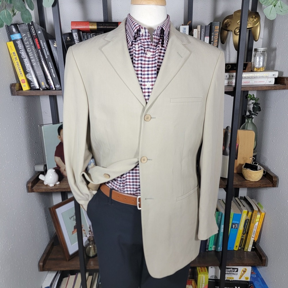 Joseph Feiss Mens Sport Coat Blazer Three Button Beige Herringbone Silk Size 40R